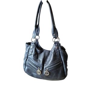 Tignanello Elegant Black Leather Shoulder Bag with Medallion Accents Classic
